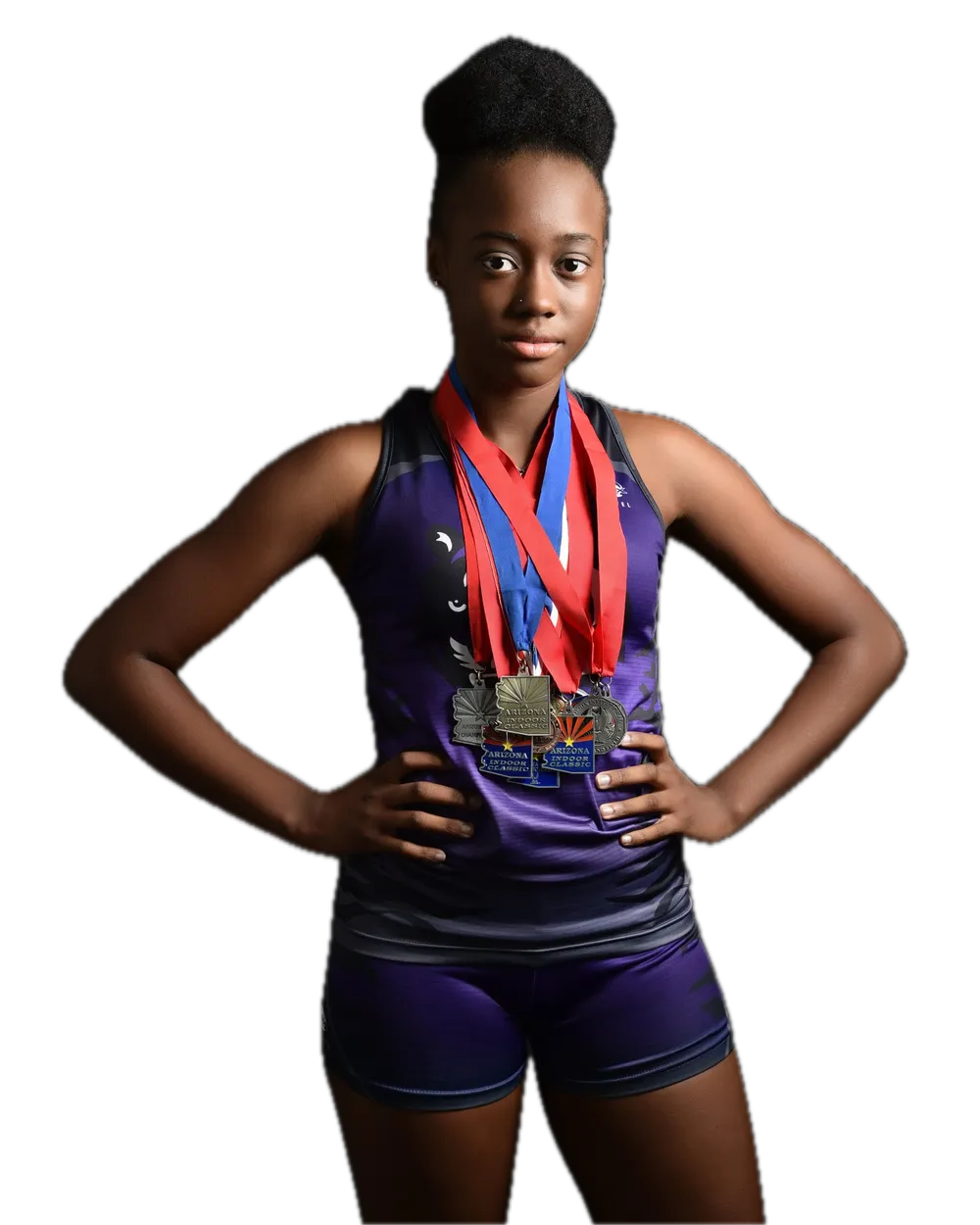 Track athlete on black, hands on hips, wearing her medals