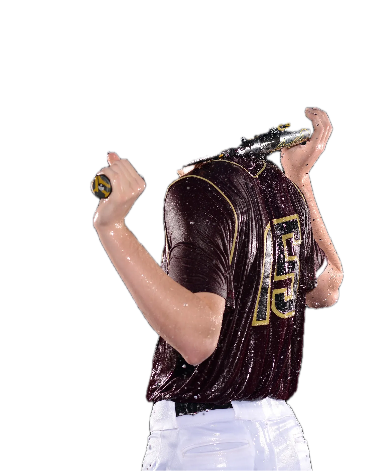 Baseball player with a bat across his shoulders, water spray on black