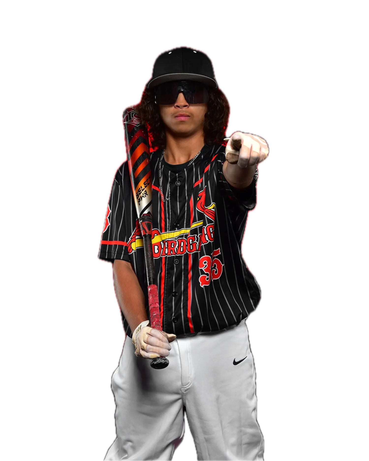Baseball player pointing at the camera, red smoke and baseballs